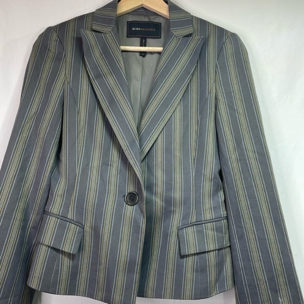 🛹 BCBG maxazria Gray pinstriped one button peak lapel blazer yellow, and white